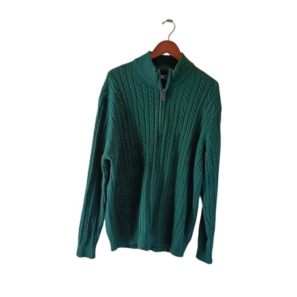 IZOD Men's Green Cable Knit Quarter Zip Sweater Size 2XL Preppy, Business Casual